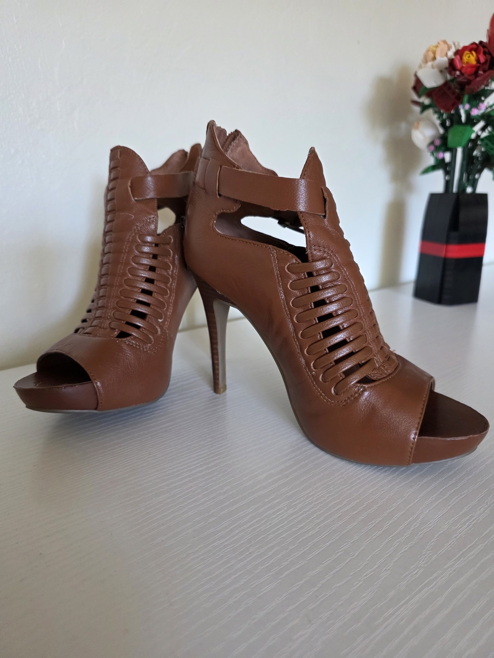 BCBGeneration Tan Brown Peep-Toe Stiletto Sandals